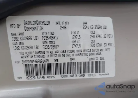 2006 Chrysler Pacifica из США, поврежденный, VIN 2A4GM48446R801475